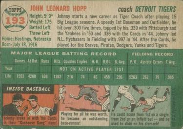 1954 Topps #193 Johnny Hopp Back