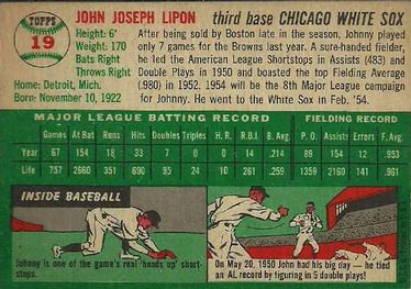 1954 Topps #19 Johnny Lipon Back