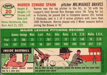 1954 Topps #20 Warren Spahn Back