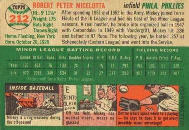 1954 Topps #212 Mickey Micelotta Back