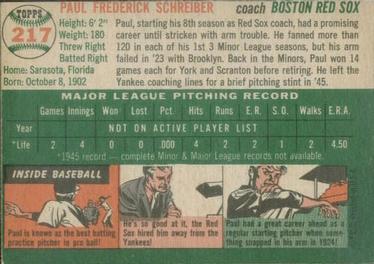 1954 Topps #217 Paul Schreiber Back