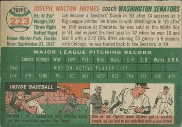 1954 Topps #223 Joe Haynes Back