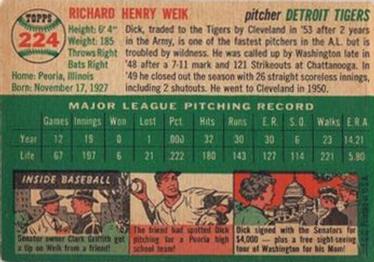 1954 Topps #224 Dick Weik Back