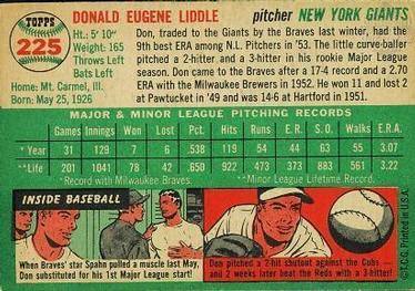 1954 Topps #225 Don Liddle Back