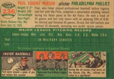 1954 Topps #236 Paul Penson Back
