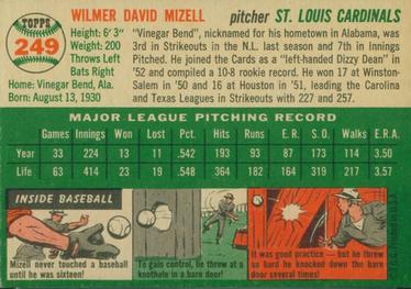 1954 Topps #249 Wilmer Mizell Back