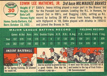 1954 Topps #30 Eddie Mathews Back