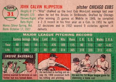 1954 Topps #31 Johnny Klippstein Back