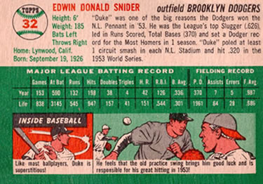1954 Topps #32 Duke Snider Back