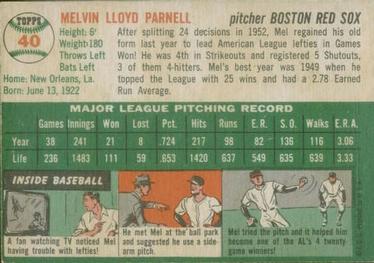 1954 Topps #40 Mel Parnell Back