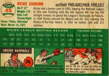 1954 Topps #45 Richie Ashburn Back
