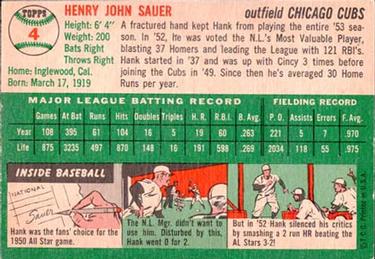 1954 Topps #4 Hank Sauer Back