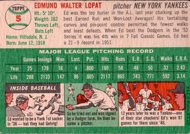 1954 Topps #5 Ed Lopat Back