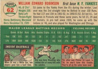 1954 Topps #62 Eddie Robinson Back