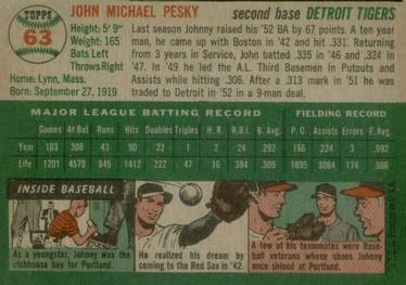 1954 Topps #63 Johnny Pesky Back