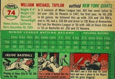 1954 Topps #74 Bill Taylor Back