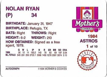 1994 Mother's Cookies Nolan Ryan Farewell #1 Nolan Ryan Back