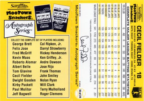 1992 MooTown Snackers - Foldout Panels #10 Cecil Fielder Back