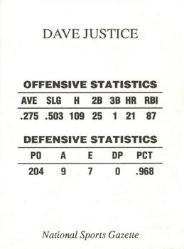 1992 National Sports Gazette (unlicensed) #NNO Dave Justice Back