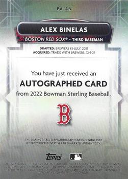 2022 Bowman Sterling - Prospect Autographs #PA-AB Alex Binelas Back