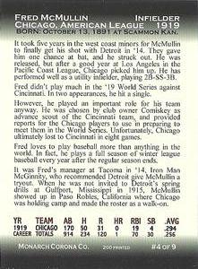 2010 Monarch Corona 1919 Chicago Black Sox #4 Fred McMullin Back