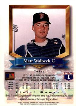 1994 Finest #436 Matt Walbeck Back