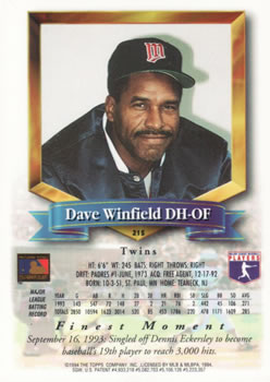 1994 Finest #215 Dave Winfield Back
