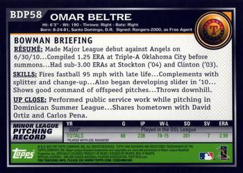 2010 Bowman Draft Picks & Prospects #BDP58 Omar Beltre  Back