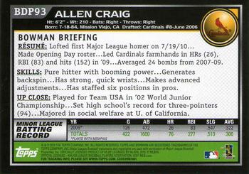 2010 Bowman Draft Picks & Prospects #BDP93 Allen Craig  Back