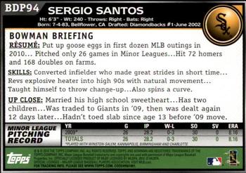 2010 Bowman Draft Picks & Prospects #BDP94 Sergio Santos  Back