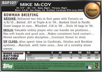 2010 Bowman Draft Picks & Prospects #BDP107 Mike McCoy  Back