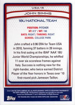 2010 Topps USA Baseball #USA-15 John Simms  Back