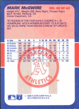 1989 Fleer Baseball's Exciting Stars #32 Mark McGwire Back