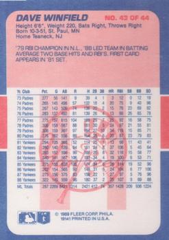 1989 Fleer Baseball's Exciting Stars #43 Dave Winfield Back