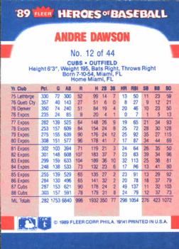 1989 Fleer Heroes of Baseball #12 Andre Dawson Back