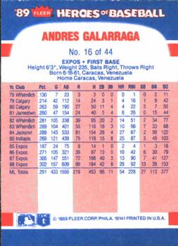 1989 Fleer Heroes of Baseball #16 Andres Galarraga Back