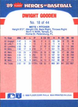 1989 Fleer Heroes of Baseball #18 Dwight Gooden Back