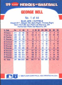 1989 Fleer Heroes of Baseball #1 George Bell Back