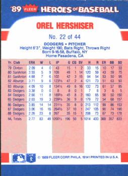 1989 Fleer Heroes of Baseball #22 Orel Hershiser Back