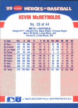 1989 Fleer Heroes of Baseball #29 Kevin McReynolds Back