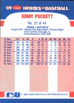 1989 Fleer Heroes of Baseball #31 Kirby Puckett Back