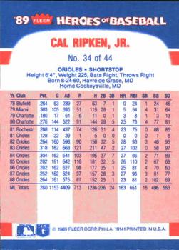 1989 Fleer Heroes of Baseball #34 Cal Ripken, Jr. Back