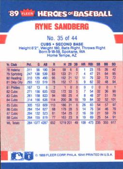 1989 Fleer Heroes of Baseball #35 Ryne Sandberg Back