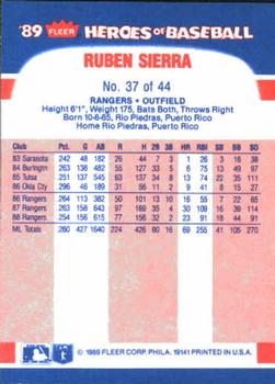 1989 Fleer Heroes of Baseball #37 Ruben Sierra Back