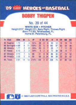 1989 Fleer Heroes of Baseball #39 Bobby Thigpen Back