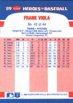 1989 Fleer Heroes of Baseball #42 Frank Viola Back