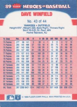 1989 Fleer Heroes of Baseball #43 Dave Winfield Back