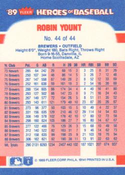 1989 Fleer Heroes of Baseball #44 Robin Yount Back