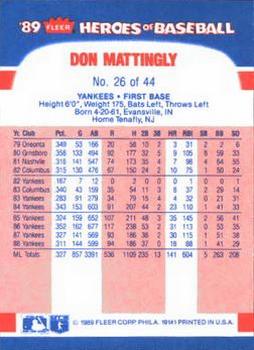 1989 Fleer Heroes of Baseball #26 Don Mattingly Back
