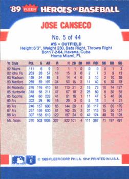 1989 Fleer Heroes of Baseball #5 Jose Canseco Back